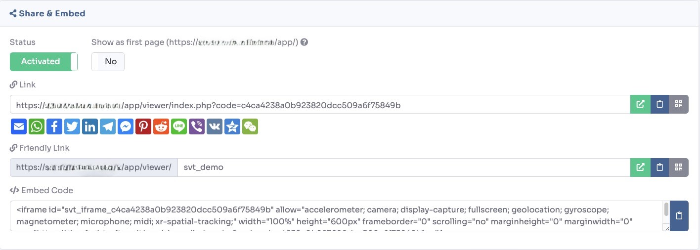 Share and Embed options