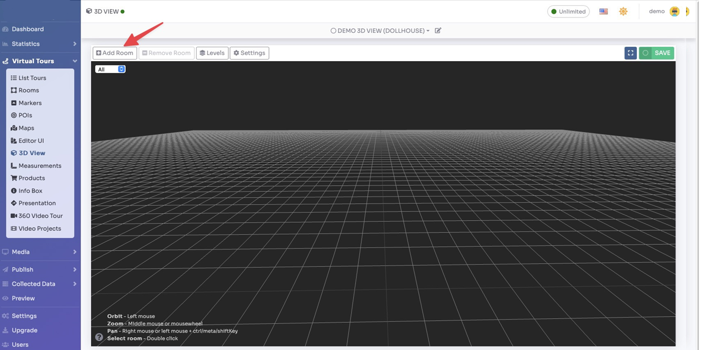 3D View - click + Add room in top-left corner