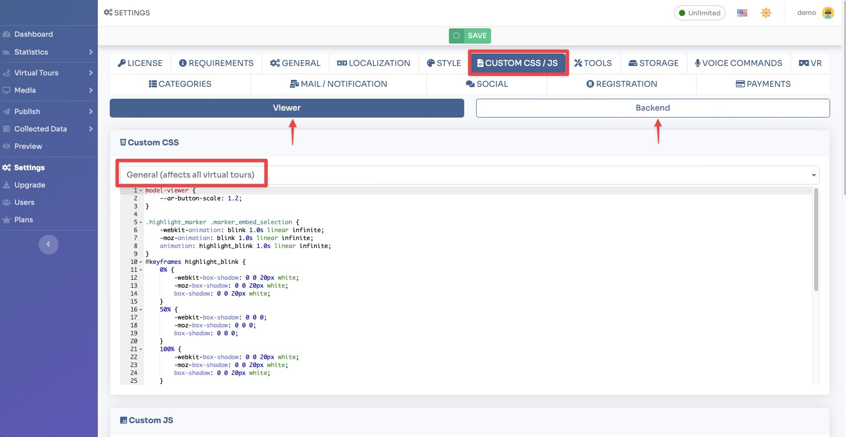 Custom CSS / JS settings tab