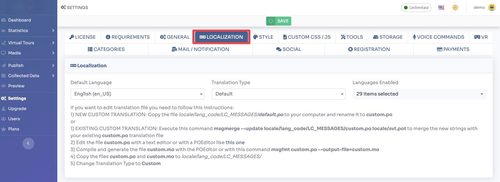 Localization settings tab