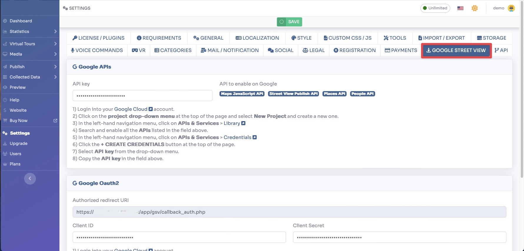 Settings Google Street View tab