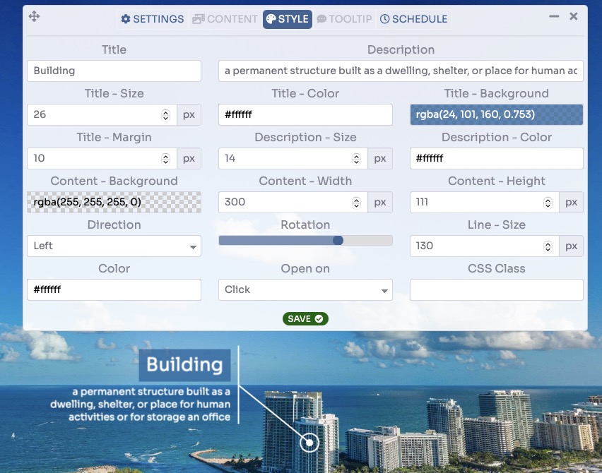 Callout text settings - text, size, color, background options