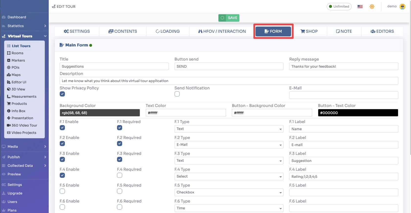 Tour settings - Form tab
