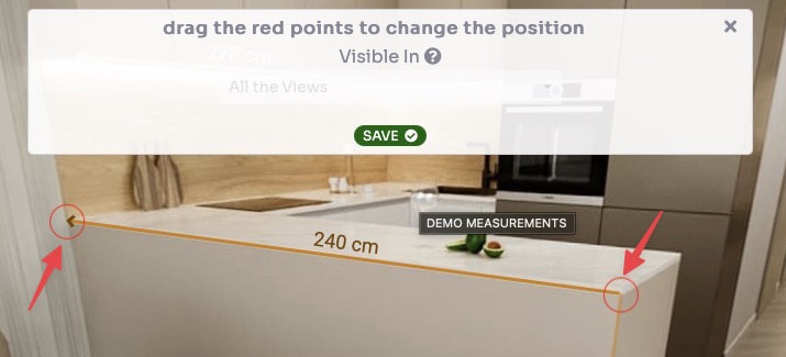 Drag measurement points to set start and end, then Save