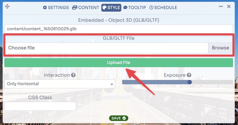 3D Object upload - Browse, Upload File and save settings