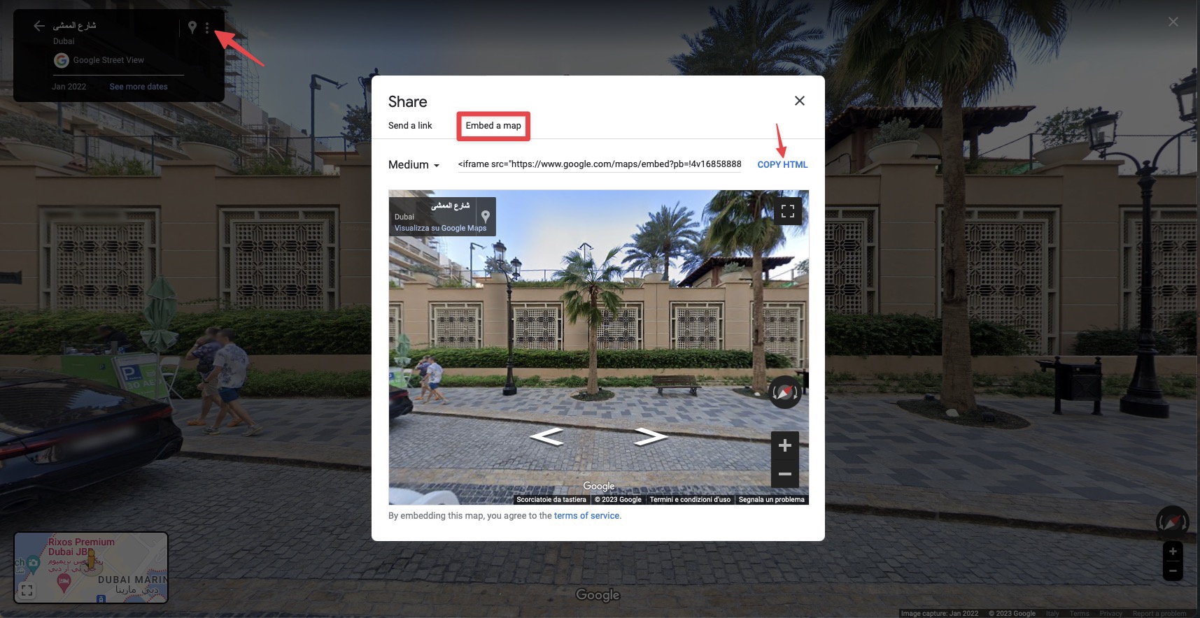 Google Street View - 3 dots menu > Embed Maps > Copy HTML