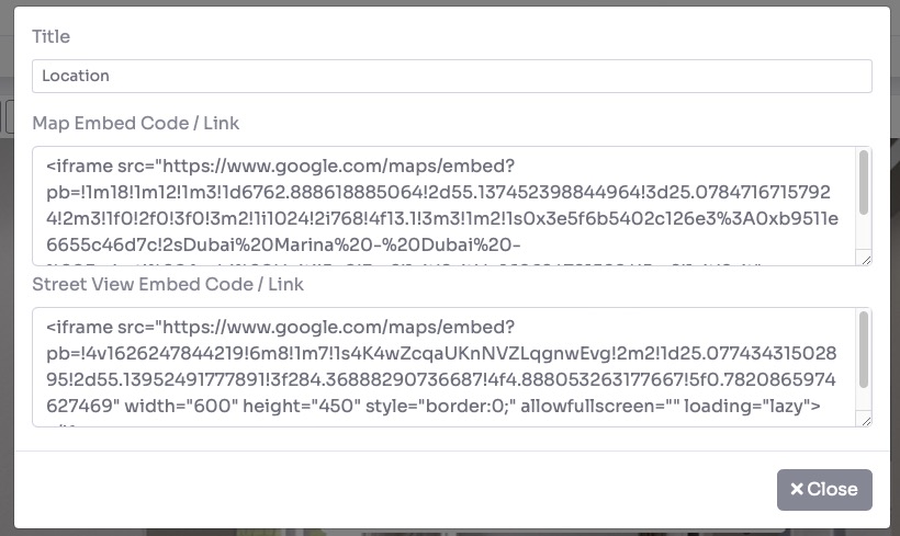 Location settings panel - paste Google Maps and Street View embed codes
