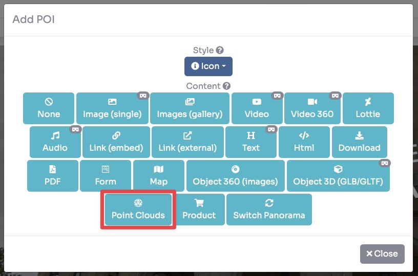 POI content type - Point Clouds selected