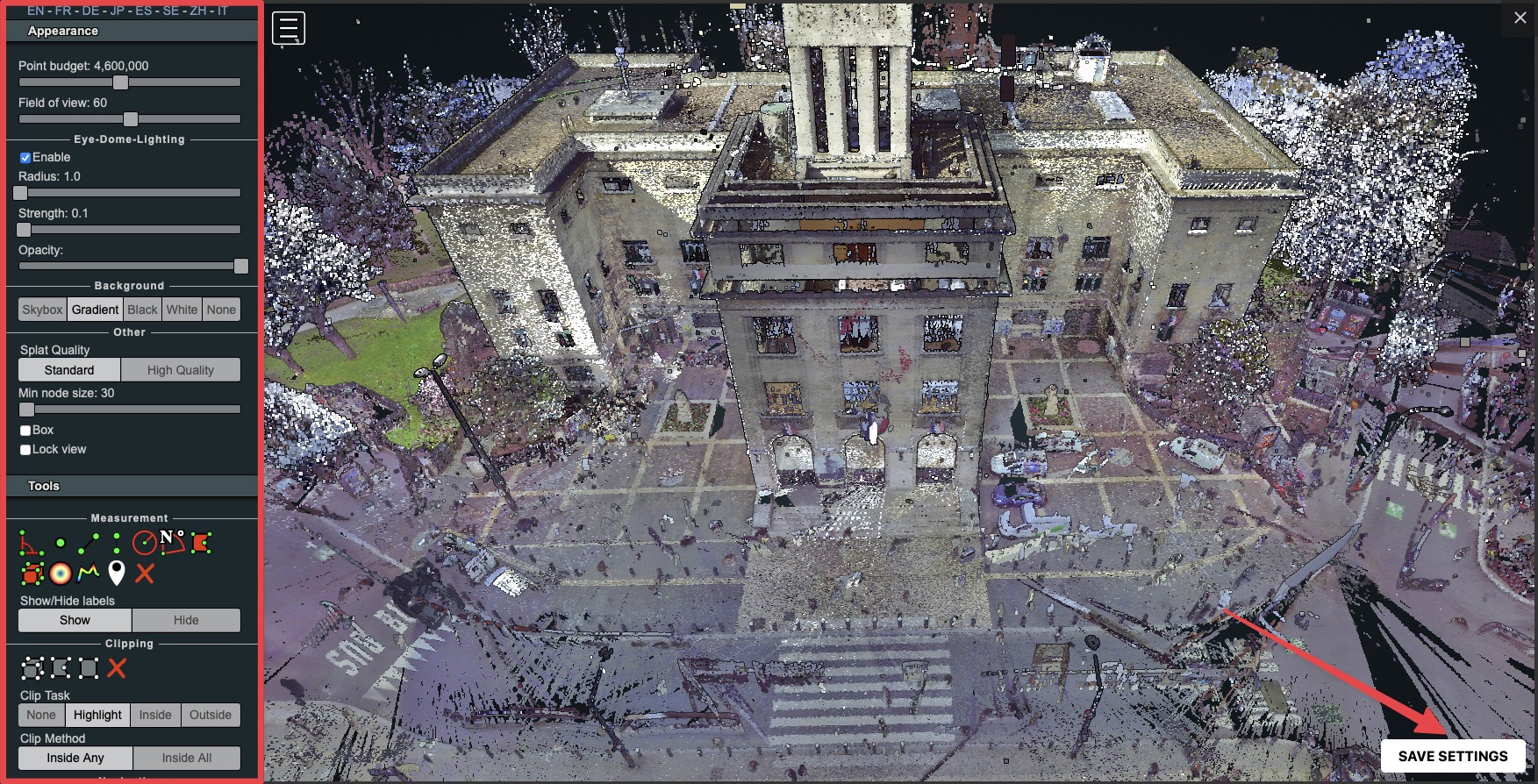 Point Clouds viewer settings panel - Save Settings button