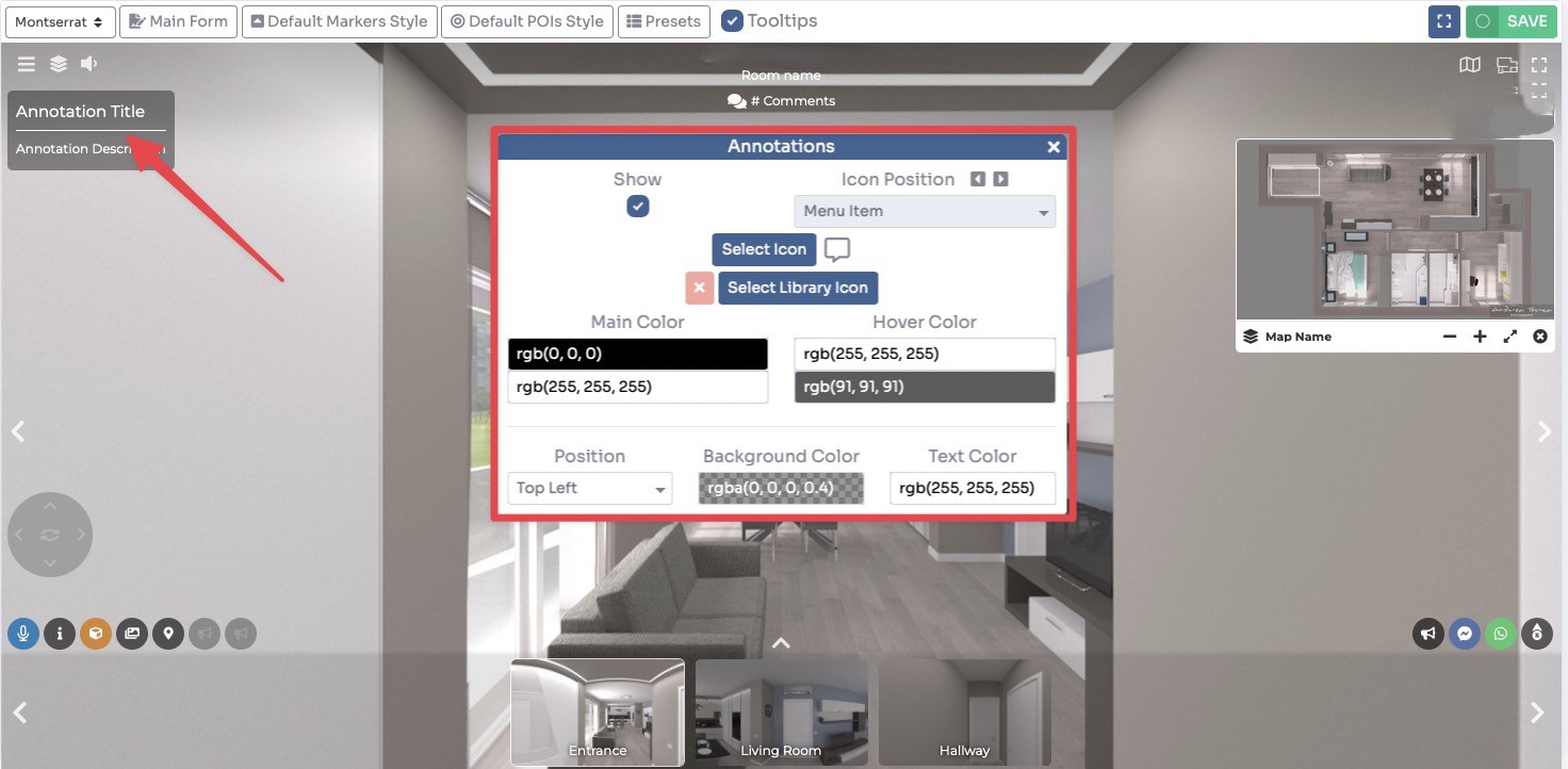 Annotation pin positioned on panorama
