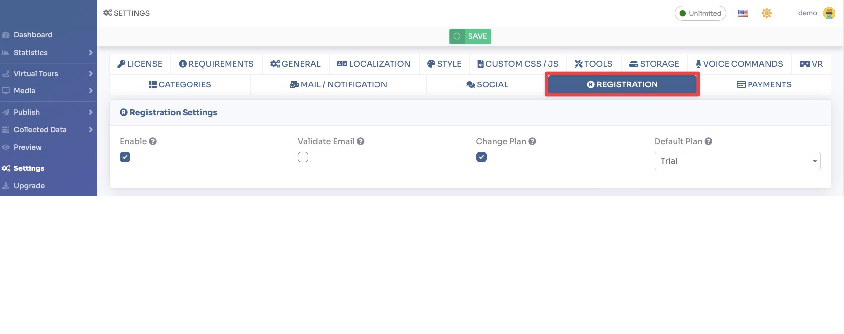 Settings Registration tab