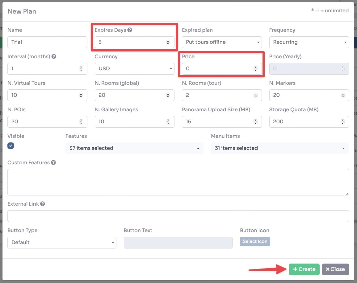 Trial plan name price and expiration settings