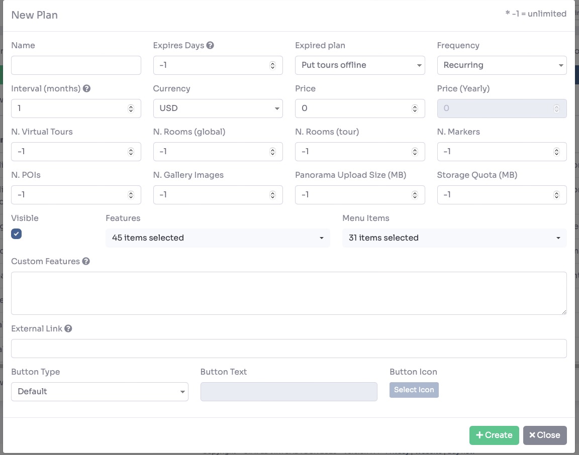 Add Plan pop-up with all options
