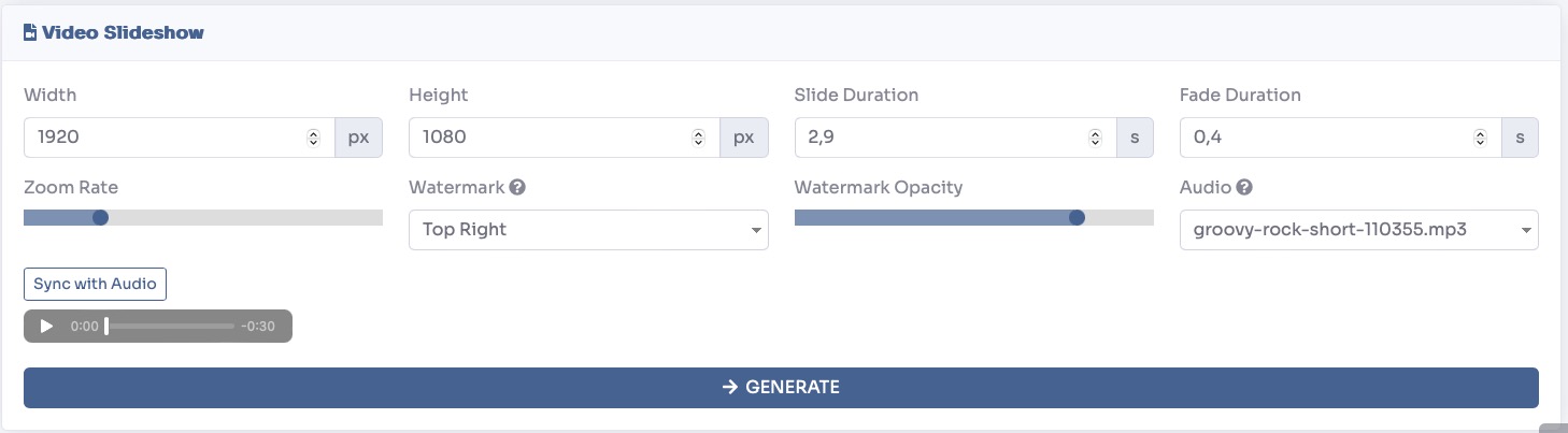 Video Slideshow settings