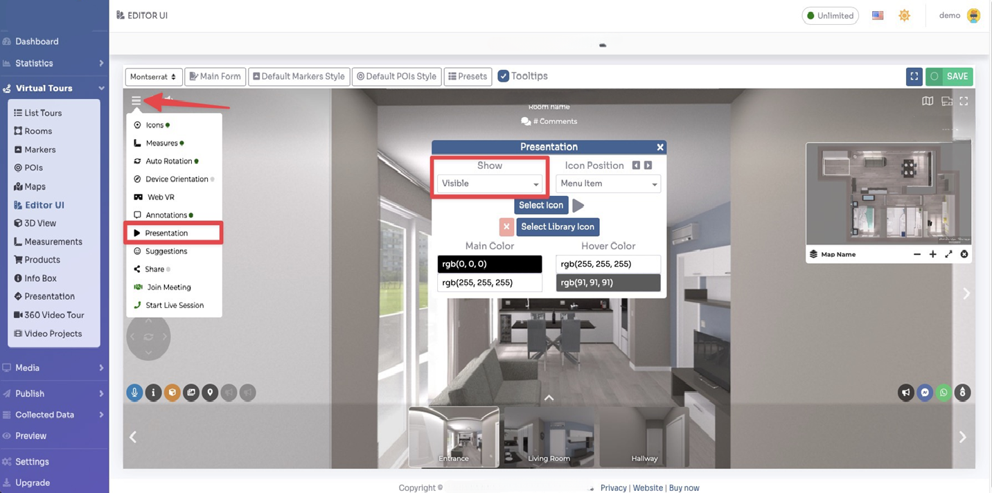 Editor UI - Presentation menu item set to Show as Visible