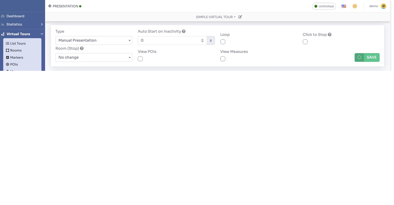 Presentation settings panel with all configuration options