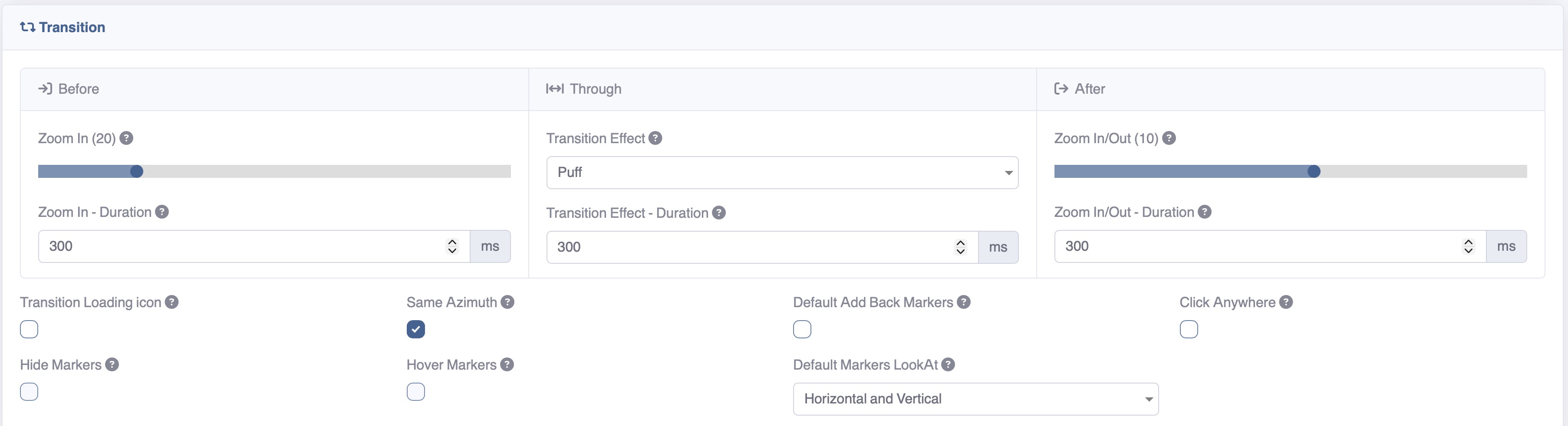 Tour settings - Transition section