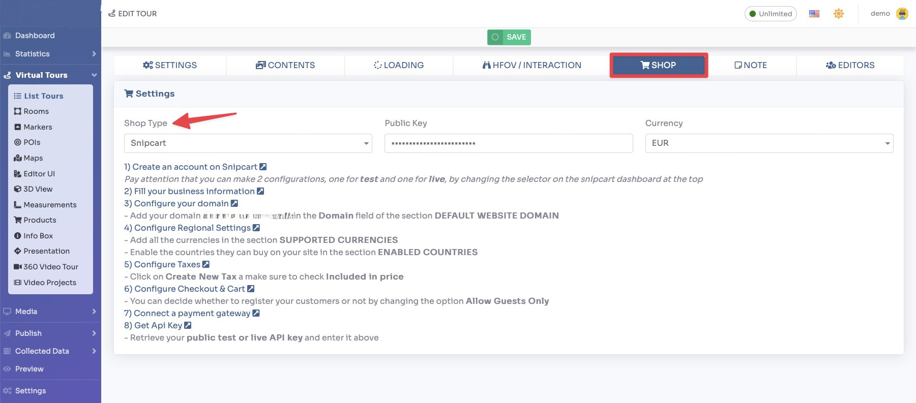 Tour settings - Shop tab