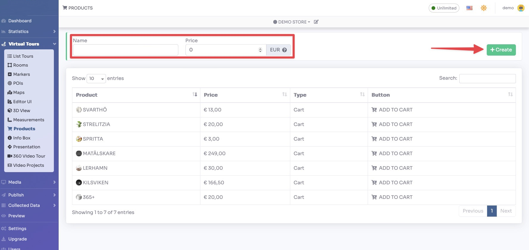 Products - enter name and price then click Create