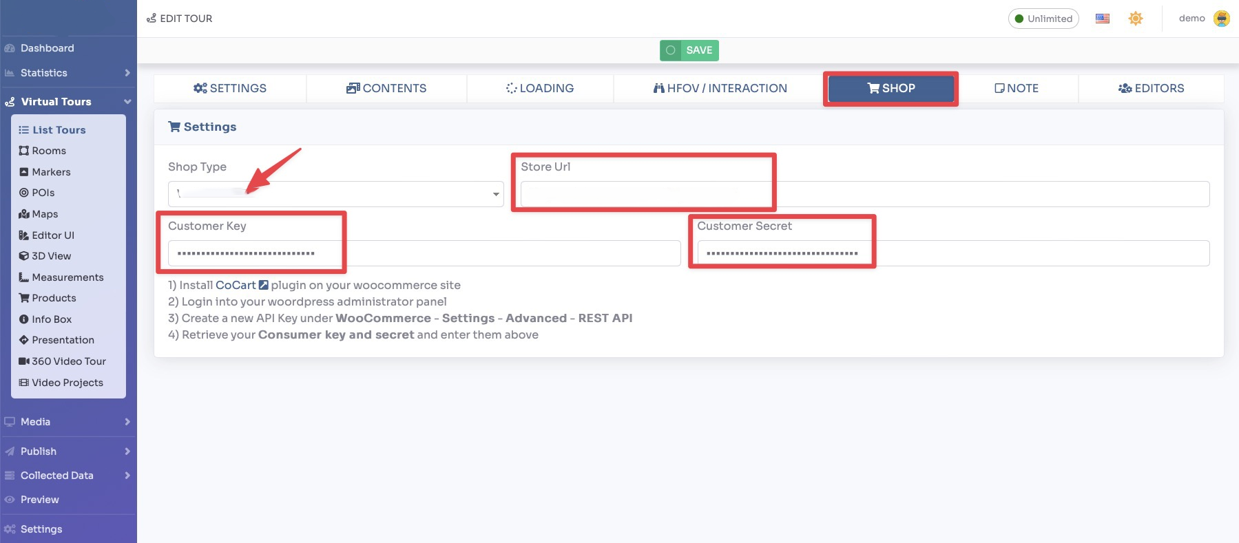 WooCommerce - enter Store URL, API Customer Key and Secret