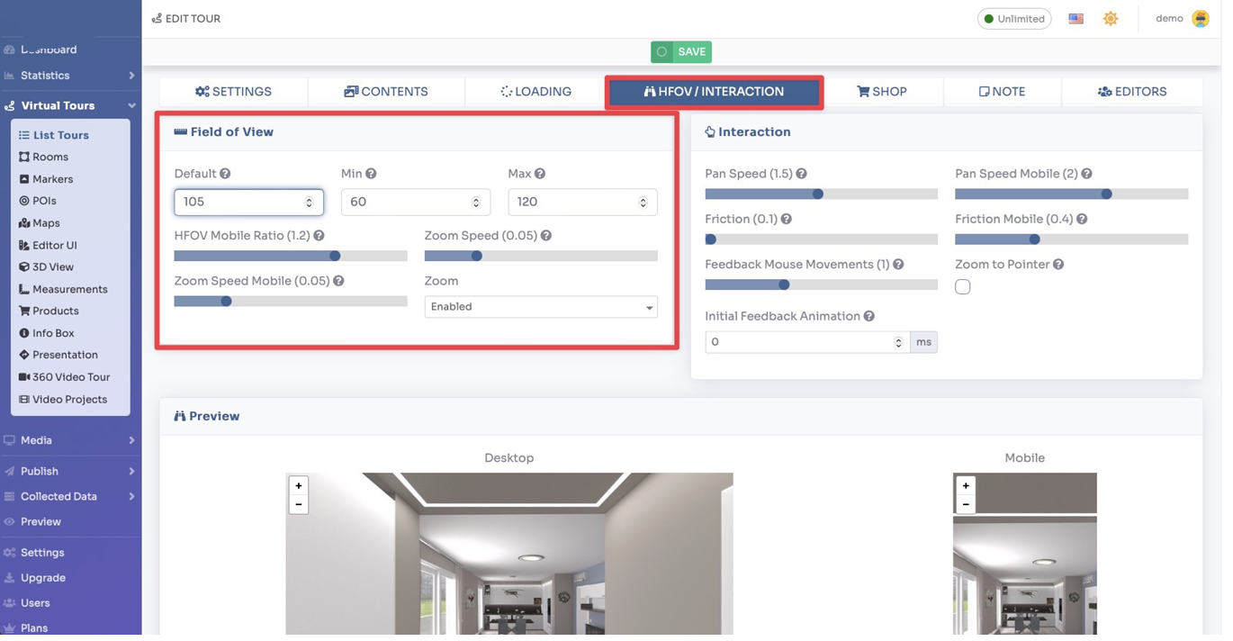 Tour settings - HFOV / Interaction - Field Of View tab
