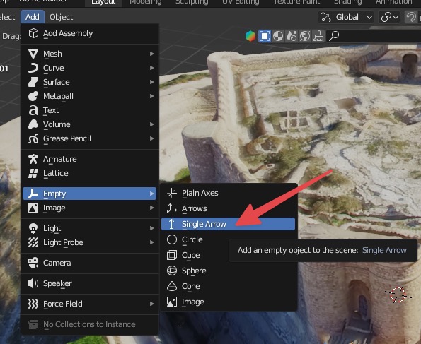 Blender - add Empty Single Arrow object for each room and position it