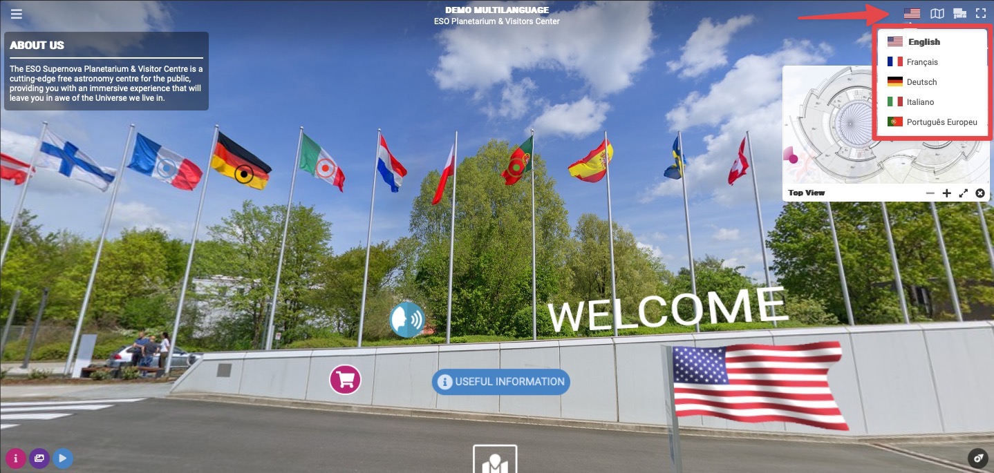 Language selector icon inside the tour