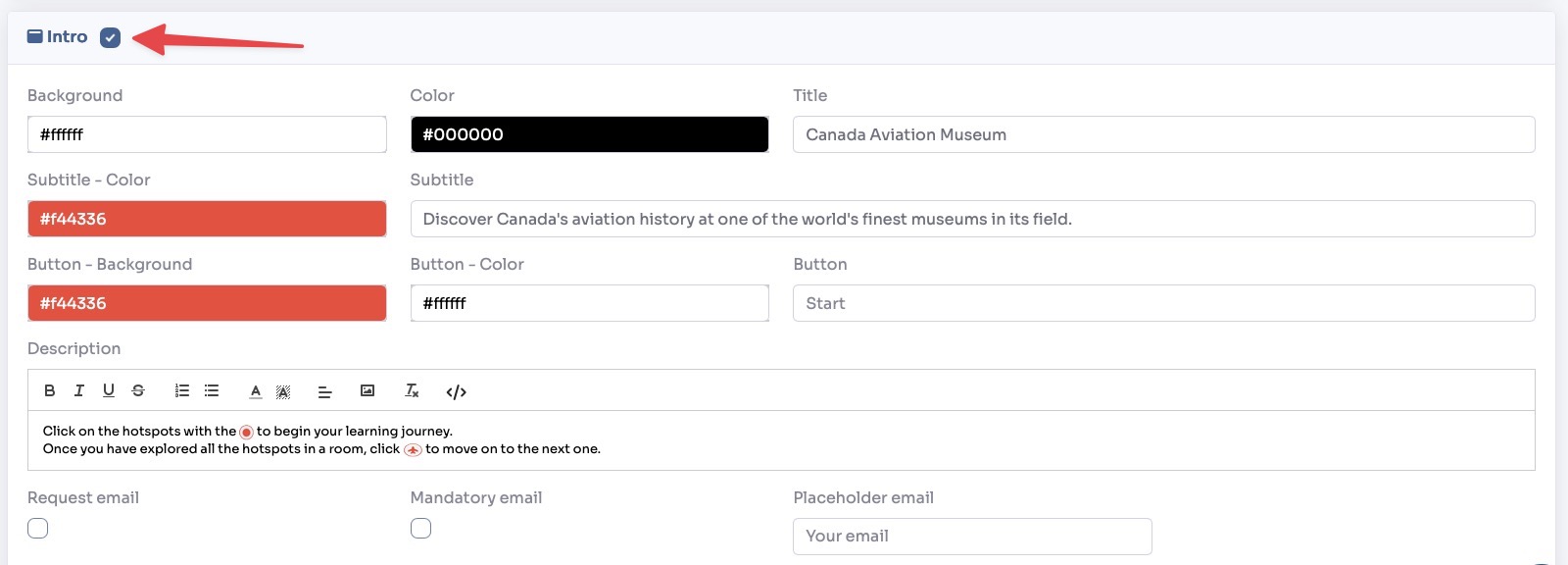 Learning mode Intro section settings